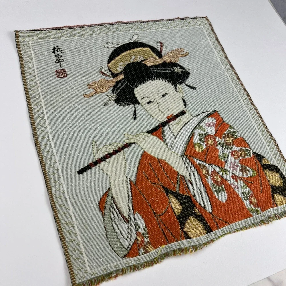 VTG Japanese Geisha Woven Tapestry Art Unisex 13x12 Manga Flute Decor Minimal